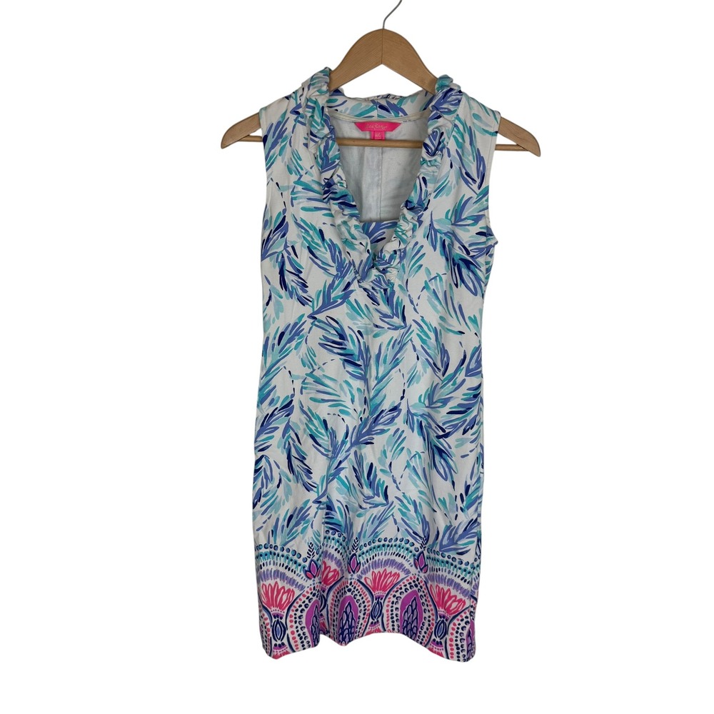 Lilly Pulitzer XXS Sleeveless Ruffle V-Neck Shift Dress Blue Pink Tropical Knit